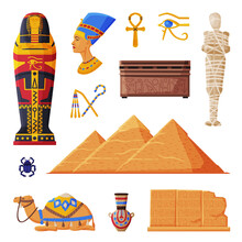 Ancient Egypt Collection, Egyptian Cultural And Historical Symbols Flat Style Vector Illustration On White Background