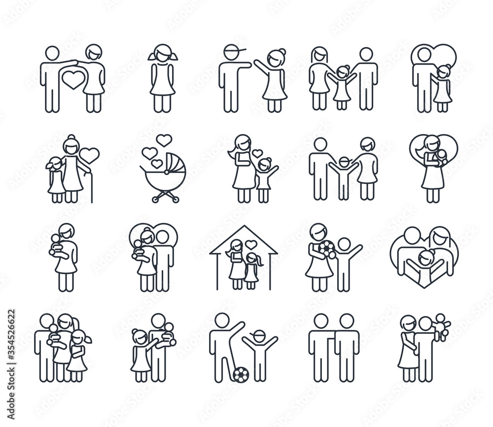 family day, father mother kids grandparents characters, set icon in outline style - obrazy, fototapety, plakaty 