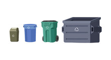 House Trash Bins. Garbage Cans Of Different Sizes. Garbage Processing. Container. Colorful Recycle Trash Buckets. Vector Isolated Illustration In A Flat Style On A White Background.
