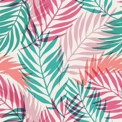 Wall Mural - Hand drawn abstract tropical summer background : palm tree leaves silhouettes