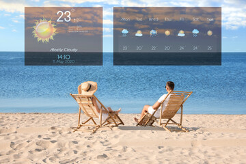 Wall Mural - young couple relaxing in deck chairs on beach and weather forecast widgets. mobile application