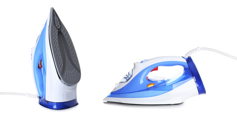 New modern electric irons on white background