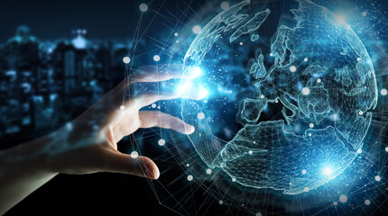 Wall Mural - businessman hand using europe map globe network hologram 3d rendering