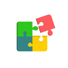 Vector Illustration Of Multicolored Broken Jigsaw Puzzle With One Element Apart. Mental Health Team Work Logic Games Concept. Icon Sticker With Drop Shadow