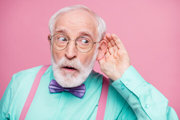 closeup photo of attractive grandpa hand near ear listen rumors focused chatterbox bad person wear s