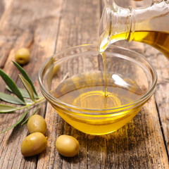 Sticker - olive oil pouring in bowl with green olive and herb