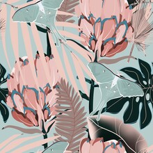 Drawing Of A Pink Protea Flower In Pale Green Palm Leaves On A Light Sage Color Background. Seamless Vector Floral Pattern. Simple Square Repeating Design For Fabric And Wallpaper