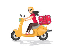 Illustration of a Girl Happily Driving a Scooter with suitcase