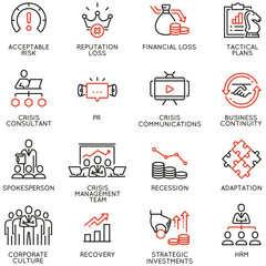 Vector Set of Linear Icons Related to Crisis Management, Recovery and Consolidation. Mono line pictograms and infographics design elements - part 2