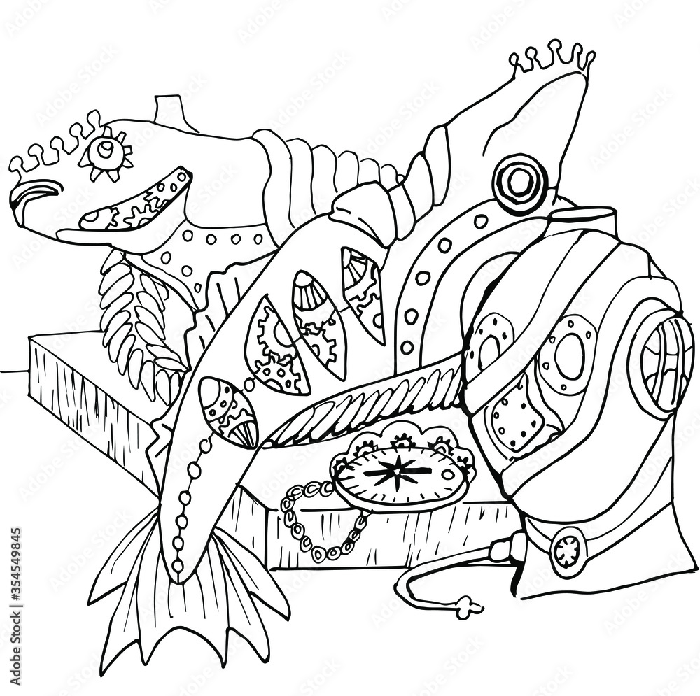Fish Mech Coloring In Fantastic still life. Mechanical fish, a barometer and a metal helmet ...