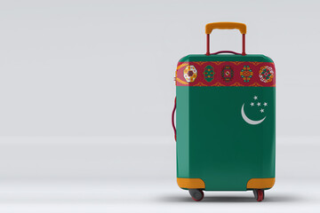 Turkmenistan flag on a stylish suitcases back view on color background. Space for text. International travel and tourism concept. 3D rendering.