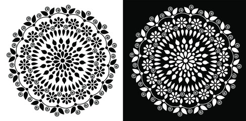 Beautiful Indian traditional and cultural Rangoli mandala design concept of floral art isolated on black and white background