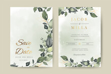 Wedding Invitation Template Card Set With Green Watercolor Leaf And Gold Leaf Texture And Watercolor Background