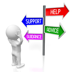 Canvas Print - Help, support, advice, guidance concept - signpost with four arrows, cartoon character - 3D illustration