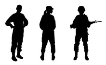 Collage With Silhouettes Of Soldiers On White Background. Military Service
