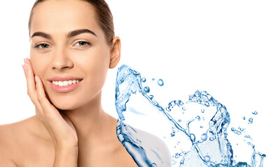 Sticker - Beautiful woman with perfect skin and splash of clear water on white background, banner design