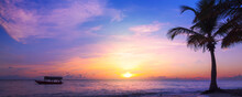 Art Beautiful Sunrise Landscape Of Paradise Tropical Island Beach. Palm Tree And Fishing Boat