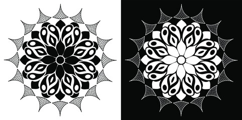 Beautiful Indian traditional and cultural Rangoli mandala design concept of floral art isolated on black and white background