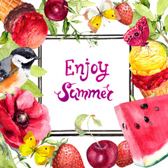 Wall Mural - Summer fruits, berries, icecream, flowers, bird and butterflies. Watercolor card with lettering note Enjoy summer 