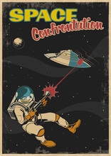 Space Confrontation Retro Comic Book Cover Stylization, Astronaut With Laser Gun Against Flying Saucer, Retro Future Poster, Vintage Colors, Grunge Texture Frame 