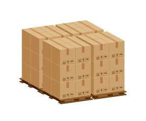 Wall Mural - pile crate boxes 3d on wooden pallet, wood pallet with cardboard box in factory warehouse storage, cardboard parcel boxes stack of warehouse factory, packaging cargo, boxes brown isolated on white