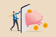 © Nuthawut - Fintech financial technology, banking mobile app for spending investment and saving concept, businessman investor standing with mobile application with wealthy pink piggy bank with money coins jumping