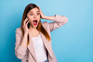 Sticker - Portrait of astonished girl use smartphone call her friend impressed horrible terrible corona virus news touch hands head wear stylish trendy clothes isolated over blue color background