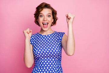 Sticker - Close-up portrait of her she nice-looking attractive lovely pretty cheerful cheery glad wavy-haired girl having fun celebrating attainment isolated on pink pastel color background