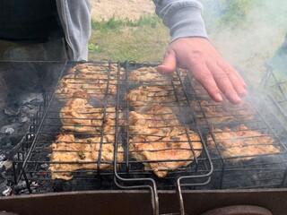 Fried chicken steak. Picnic in nature, poultry cooked at the stake. Juicy marinated steaks on the grill.