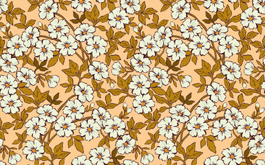 Vector seamless pattern. Pretty pattern in small flower. Small white flowers. Light yellow background. Ditsy floral background. The elegant the template for fashion prints.