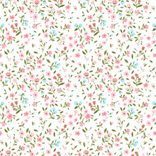 Vintage Floral Background. Seamless Vector Pattern For Design And Fashion Prints. Flowers Pattern With Small Pink And Red Flowers On A Light Ivory Background. Ditsy Style.
