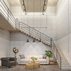 Wall Mural - Loft style interior.Black and white armchair,sofa with hanging lamp.White brick wall background.3d rendering