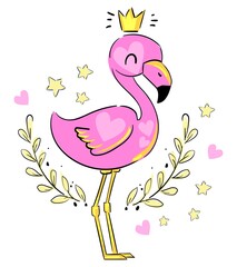 Aufkleber - Hand Drawn Cute Flamingo Princess. Vector Illustration. Summer Print Design, children print on t-shirt