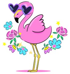 Aufkleber - Pink flamingo with glasses and flowers. Design print. vector illustration