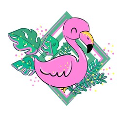 Aufkleber - Cute Flamingo and Leaves. Children's print tropical design. Vector illustration