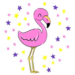Aufkleber - Pink Flamingo on a white background and stars. Cute vector illustration.