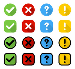 Wall Mural - Buttons. Check mark and cross with question and exclamation signs, isolated. Signs collection in circle and square with shadow in flat design. Vector illustration