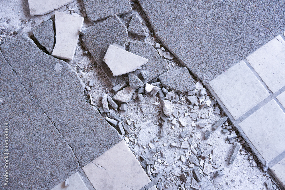 Tiles Exploding Clean white broken tile wall texture background.Tile floor exploded and ...