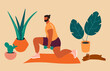© everything bagel - Home exercise. Young man doing kneeling lunges at home. How to keep fit indoors. Fitness and morning workout in cozy interior. Healthy lifestyle and wellness concept. Flat vector illustration