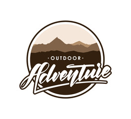 Fototapete - Emblem with flat mountains landscape and handwritten lettering of Outdoor Adventure.