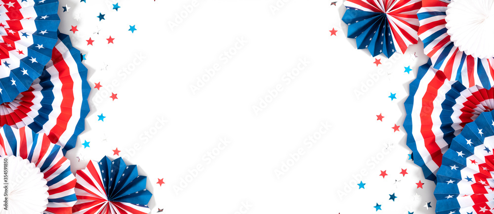4th of July American Independence Day. Happy Independence Day. Red, blue and white star confetti, paper decorations on white background. Flat lay, top view, copy space, banner - obrazy, fototapety, plakaty 