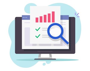 financial audit research online on desktop computer or pc web analysis or analytics digital report v