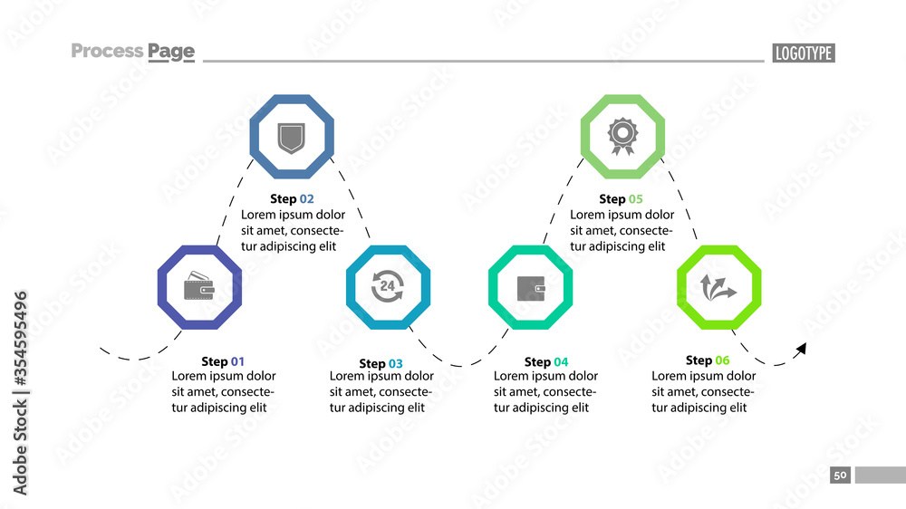 Six step process chart slide template. Business data. Design, step ...