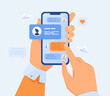 © SurfupVector - Human hand holding mobile phone with text messages. Person touching screen with chat conversation flat vector illustration. Phone communication concept for banner, website design or landing web page
