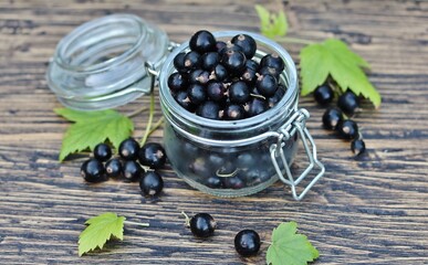 Wall Mural - Black currant in a glass jar on a wooden table, against a background of nature. Eco-friendly product. Organic. Favorite French 