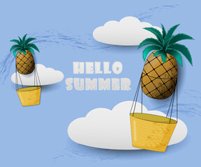  two balloons with baskets, balloons - pineapples against a blue sky with white clouds, brush texture, text - hello summer with textured stroke, vector, vector illustration, flat illustration, styliza