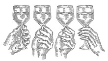 Woman Hand Holding And Clinking Wine Glass. Vintage Vector Black Engraving
