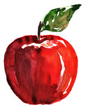 Watercolor red tasty apple with green leaf