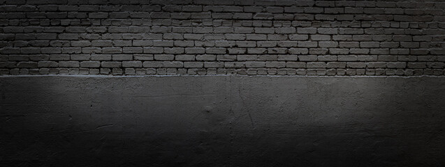 Wall Mural - Black brick and stucco vignette panoramic background, subtle pattern backdrop for copy space, horizontal aspect