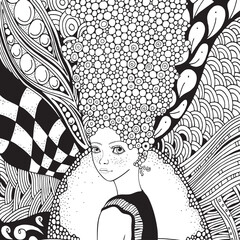 Wall Mural - Young beautiful girl. Sun. Black and white doodle coloring book page for adult and children.